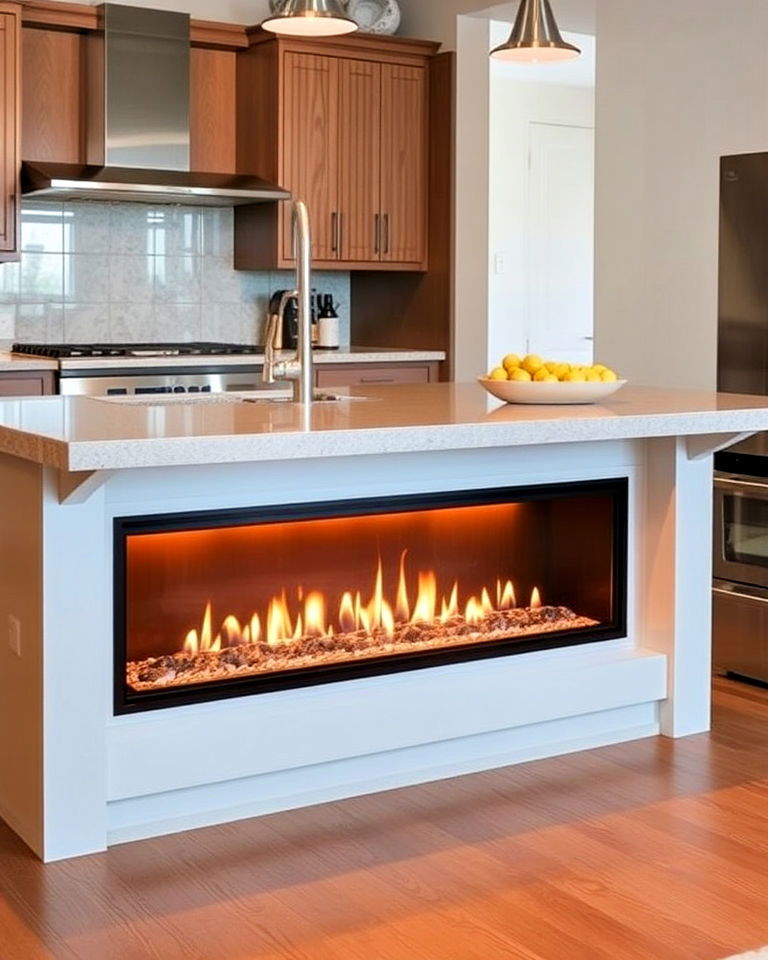 place linear fireplace below the counter - 25 Kitchens With Fireplaces