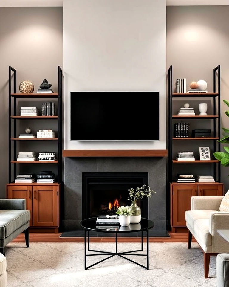 place two identical shelving units - 15 Symmetrical Living Room Ideas
