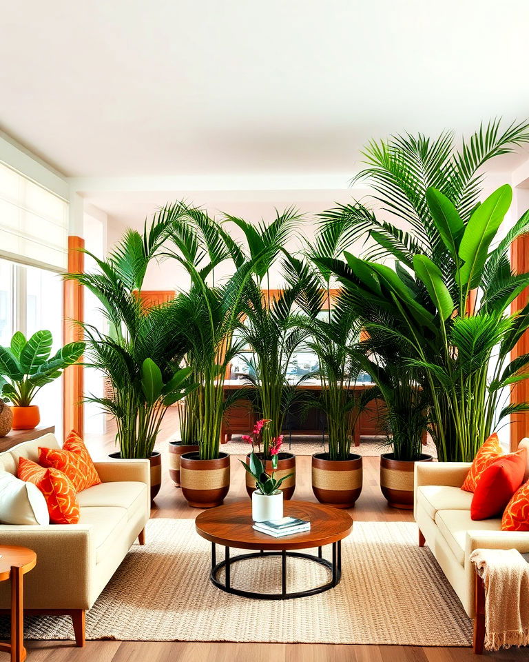 plant filled tropical room divider - 25 Tropical Living Room Ideas