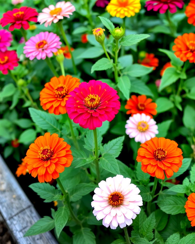 plant zinnias among edible plants - 25 Zinnia Garden Ideas