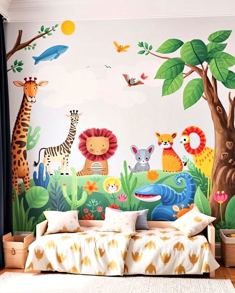 playful animal mural accent wall for kids room - 30 Kids Room Accent Wall Ideas