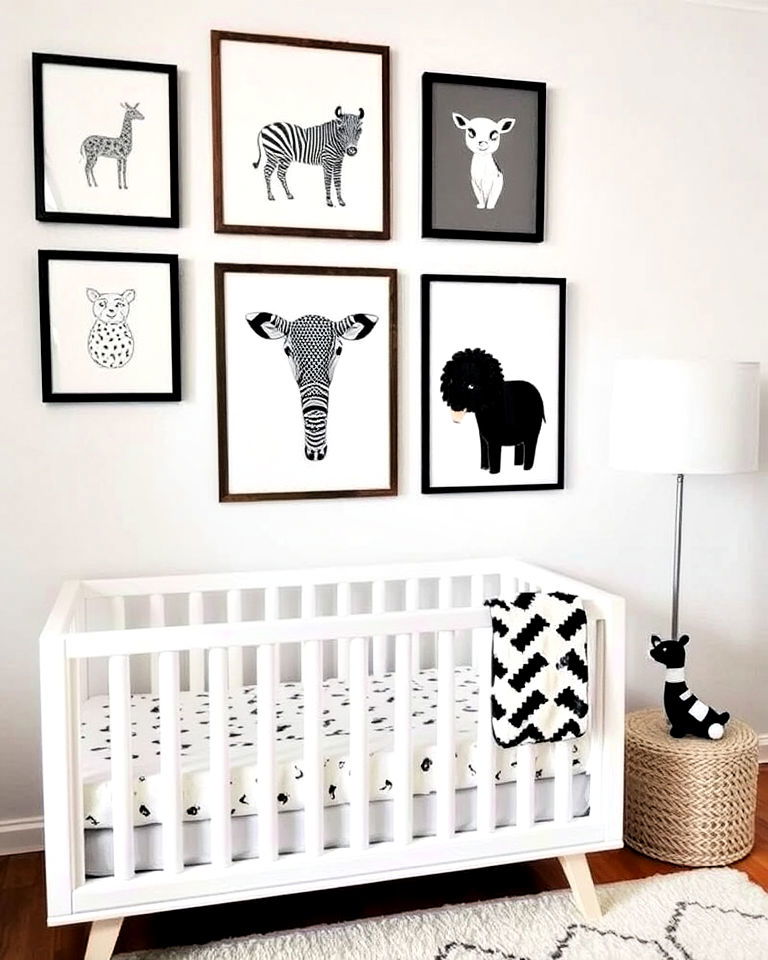 playful black and white animal prints - 25 Black Nursery Ideas