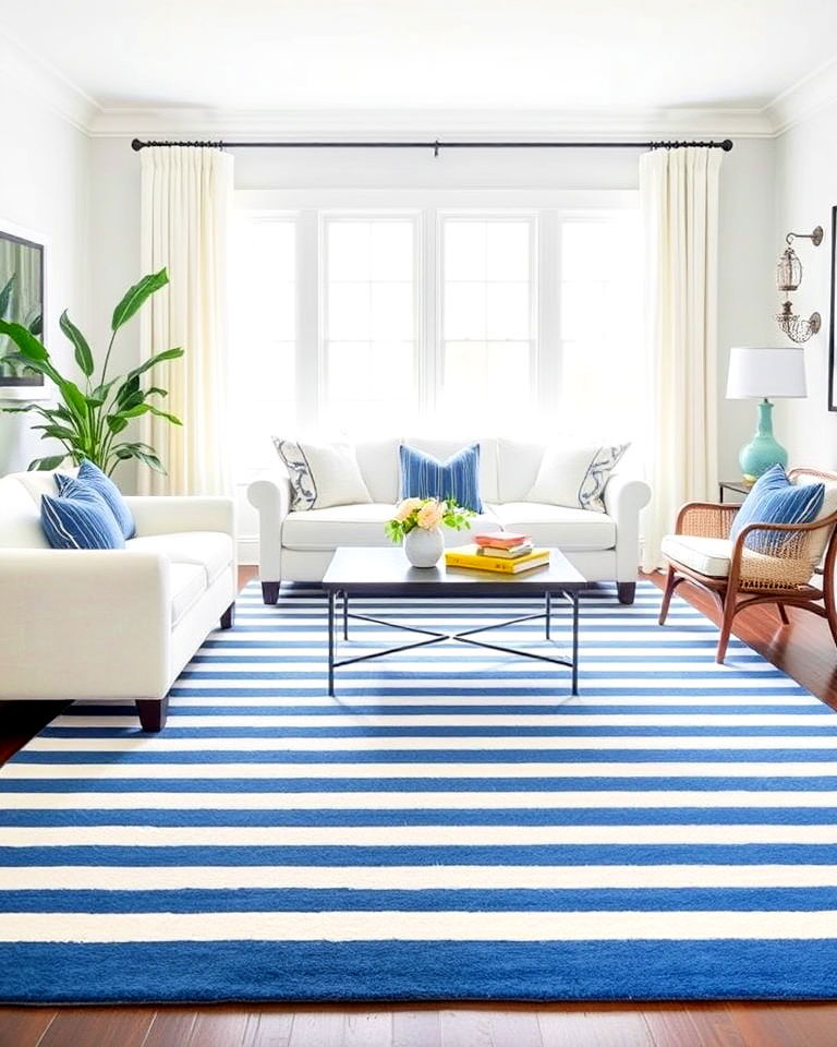 playful blue and white striped rug - 30 Blue and White Decor Ideas
