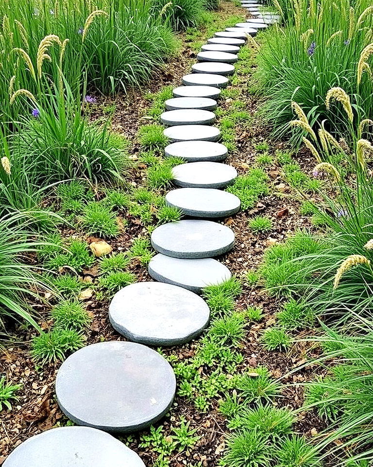 playful circular stone steps through tall grass - 30 Stepping Stone Walkway Ideas