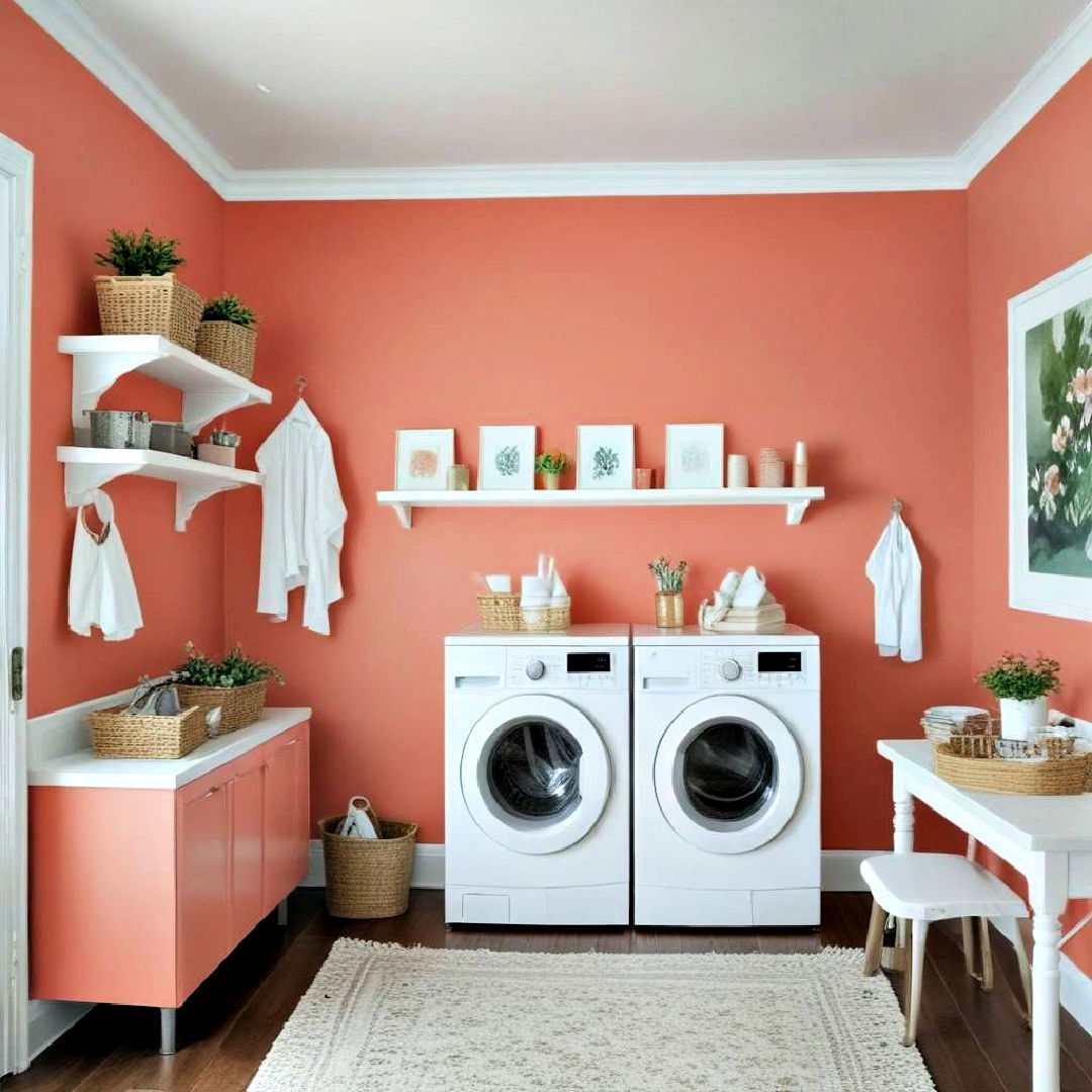 playful coral pairs with white - 25 Laundry Room Paint Ideas