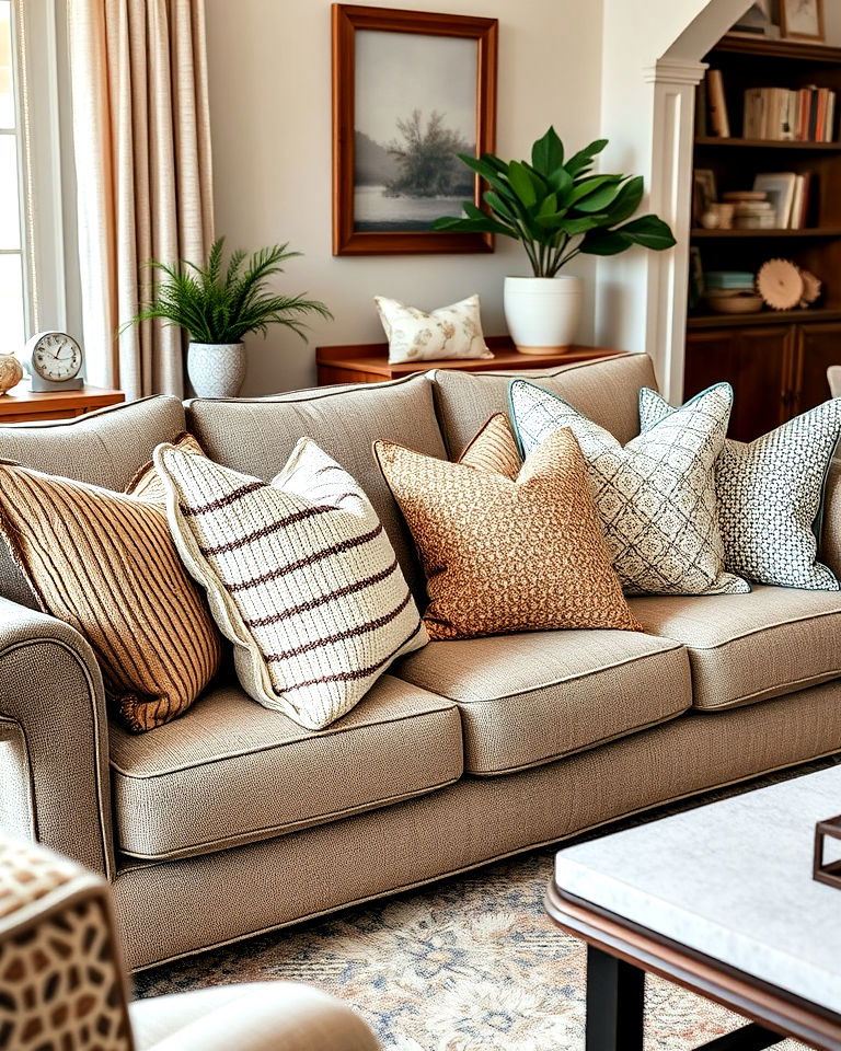 playful eclectic mix of throw pillows - 25 Joanna Gaines Living Room Ideas