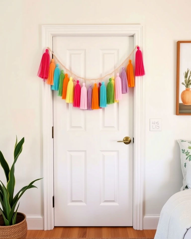 playful fabric tassel garland - 25 Bedroom Door Decorating Ideas