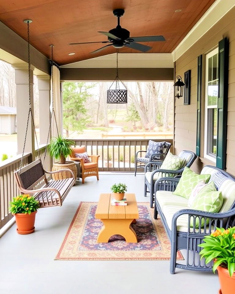 playful family friendly covered porch - 40 Covered Porch Ideas