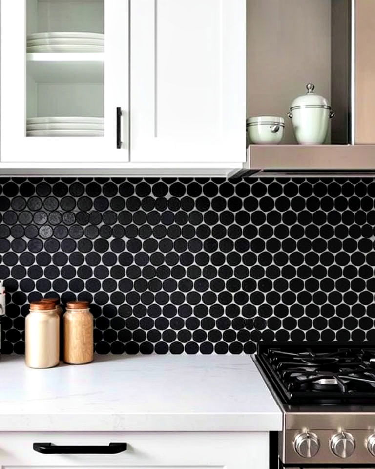 playful matte black penny tiles - 30 Kitchen With Black Backsplash