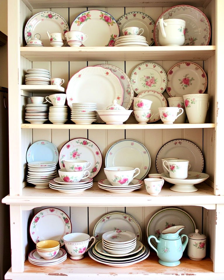 playful mismatched antique dinnerware - 15 Shabby Chic Kitchen Ideas