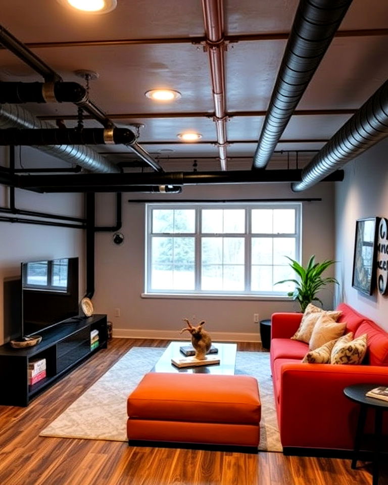 playful painted pipes and fixtures - 25 Exposed Basement Ceiling Ideas