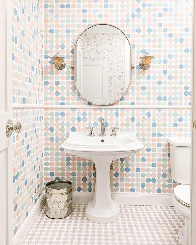 playful pastel mosaic tile wallpaper for bathroom - 30 Bathroom Wallpaper Ideas