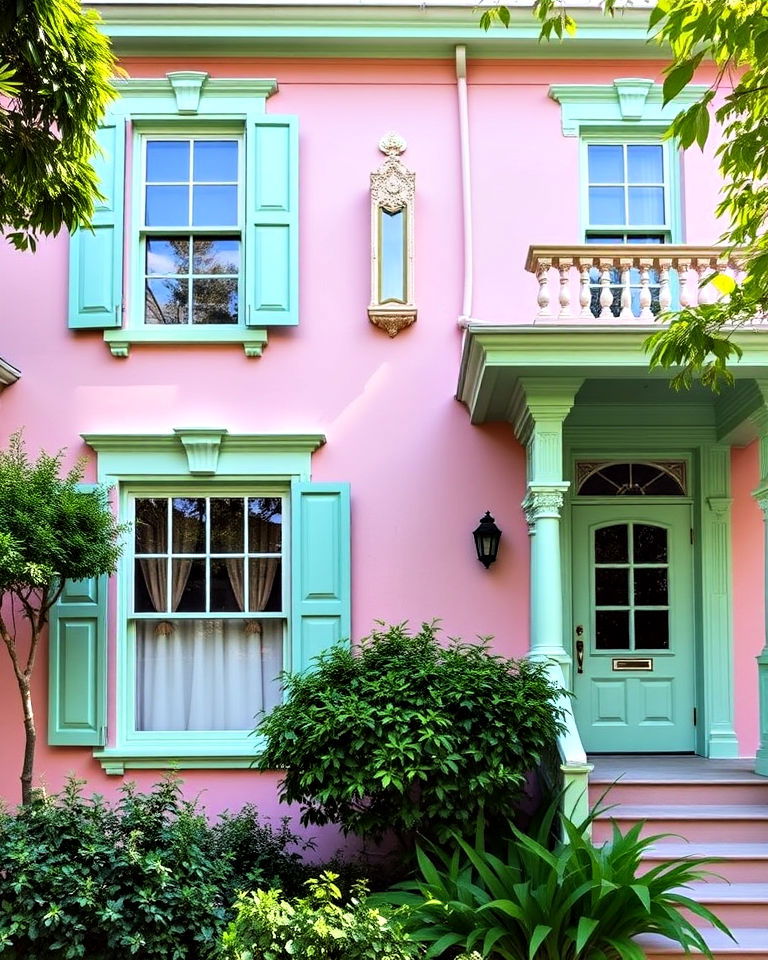 playful pastel pink with mint green highlights - 25 Pink Victorian House Ideas