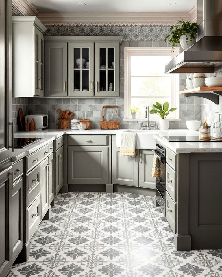 playful patterned grey tiles flooring - 20 Kitchens With Grey Floors