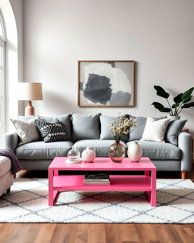 playful pink coffee table with grey sofa - 25 Pink and Grey Living Room Ideas