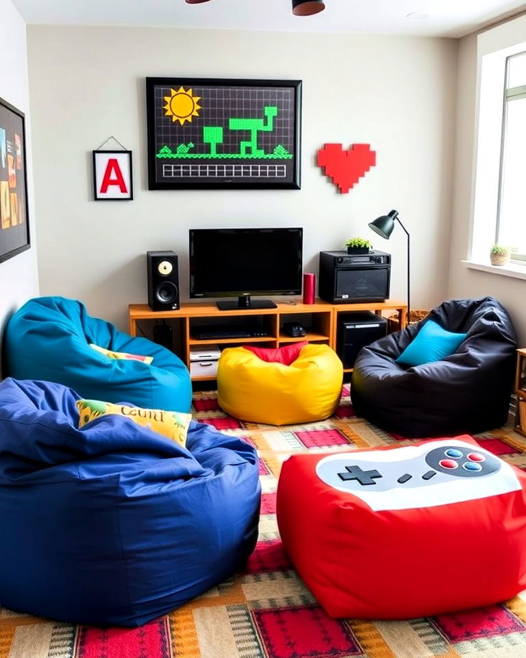 playful plush seating with bean bags - 30 Retro Game Room Ideas