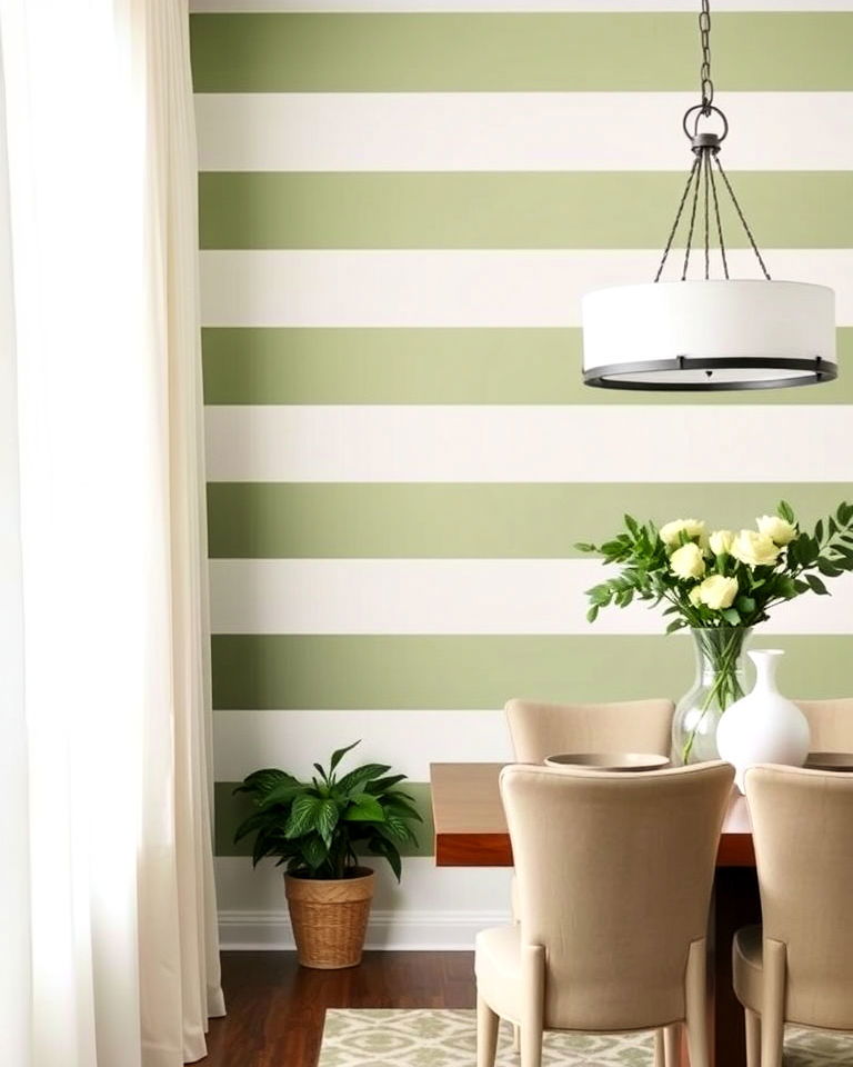 playful sage green and white striped walls - 25 Sage Green Dining Room Ideas