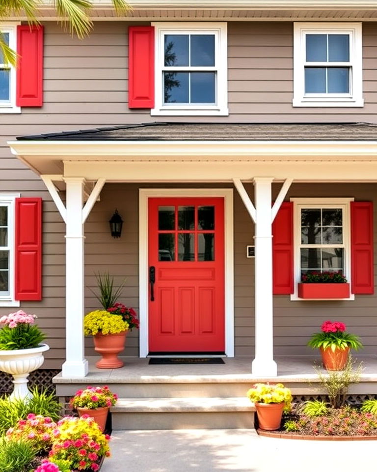 playful taupe exterior and coral accents - 25 Exterior Taupe House Color Combinations