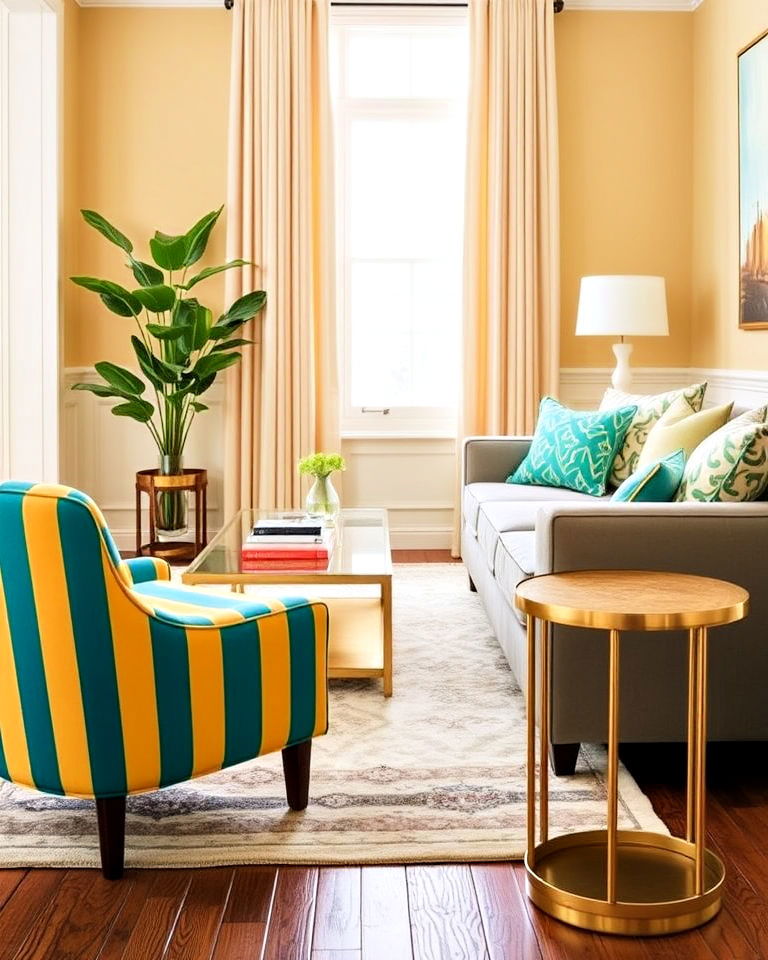playful teal and yellow striped accent chair - 25 Teal and Yellow Living Room Ideas