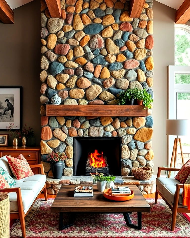playful vibe multi colored stone fireplace - 20 Floor-to-Ceiling Stone Fireplace Ideas