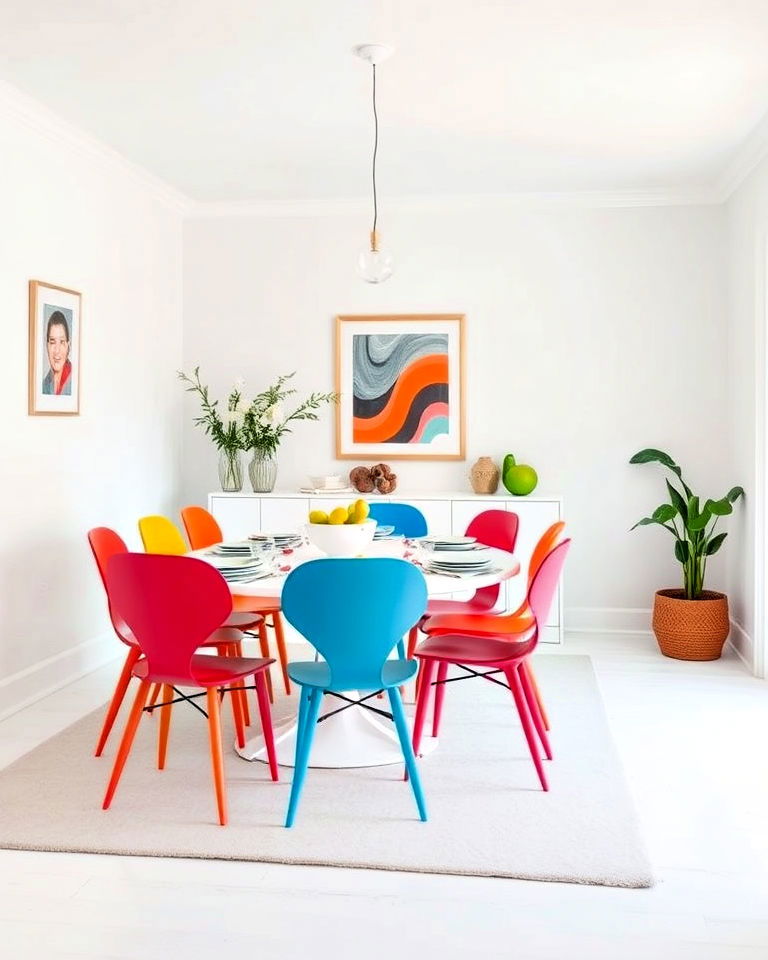 playful white with pops of color - 30 White Dining Room Ideas