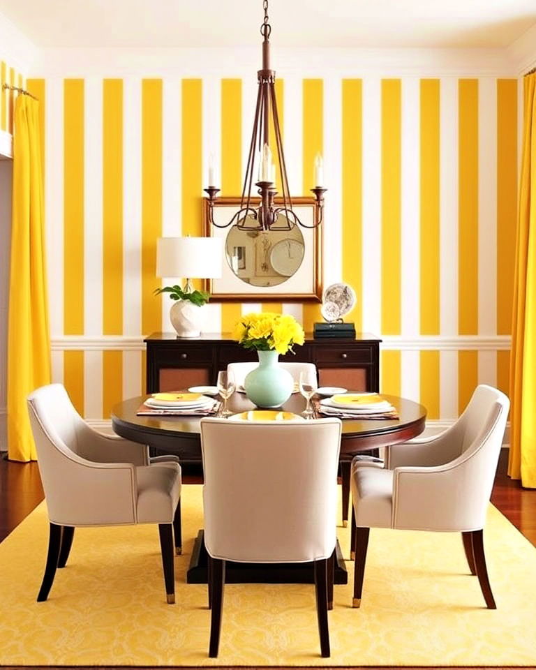 playful yellow and white striped wallpaper - 20 Yellow Dining Room Ideas
