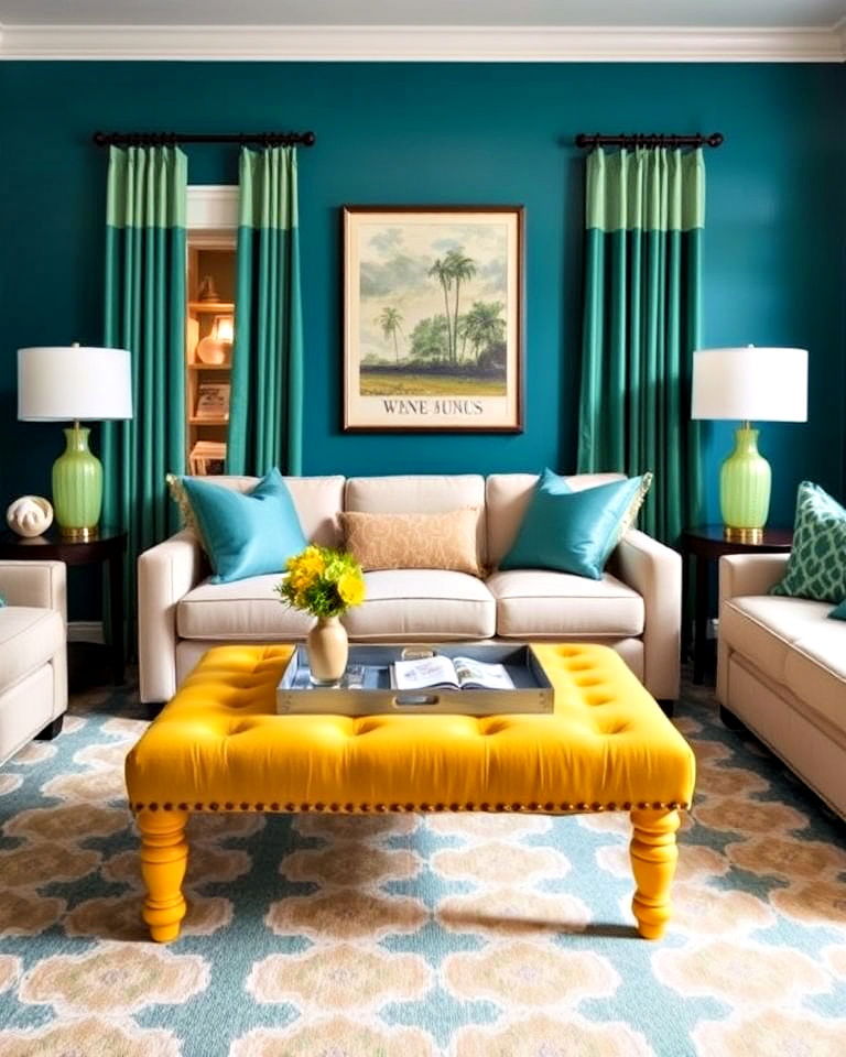 playful yellow ottoman with teal walls - 25 Teal and Yellow Living Room Ideas