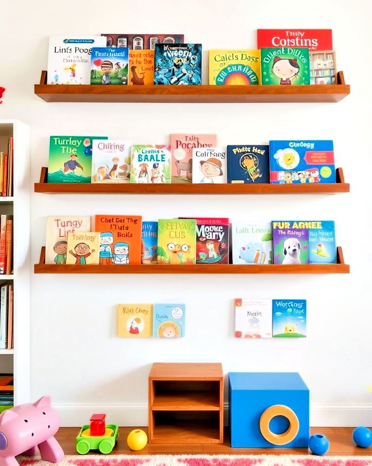 playroom with wall mounted bookshelves - 40 Playroom Ideas
