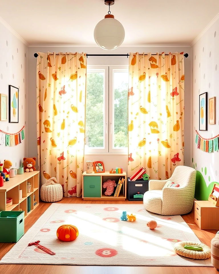 playroom with whimsical curtains - 40 Playroom Ideas