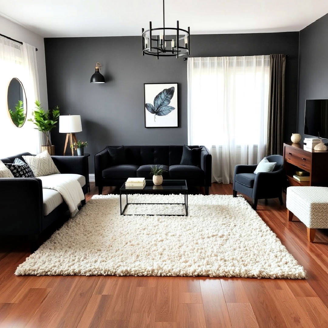 plush beige area rug under black furniture - 20 Black and Beige Bedroom Design Ideas