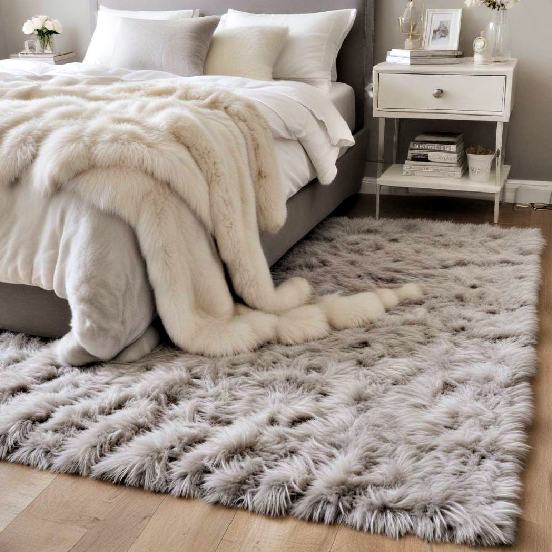 plush grey rug and soft white throw - 40 Grey and White Bedroom Ideas
