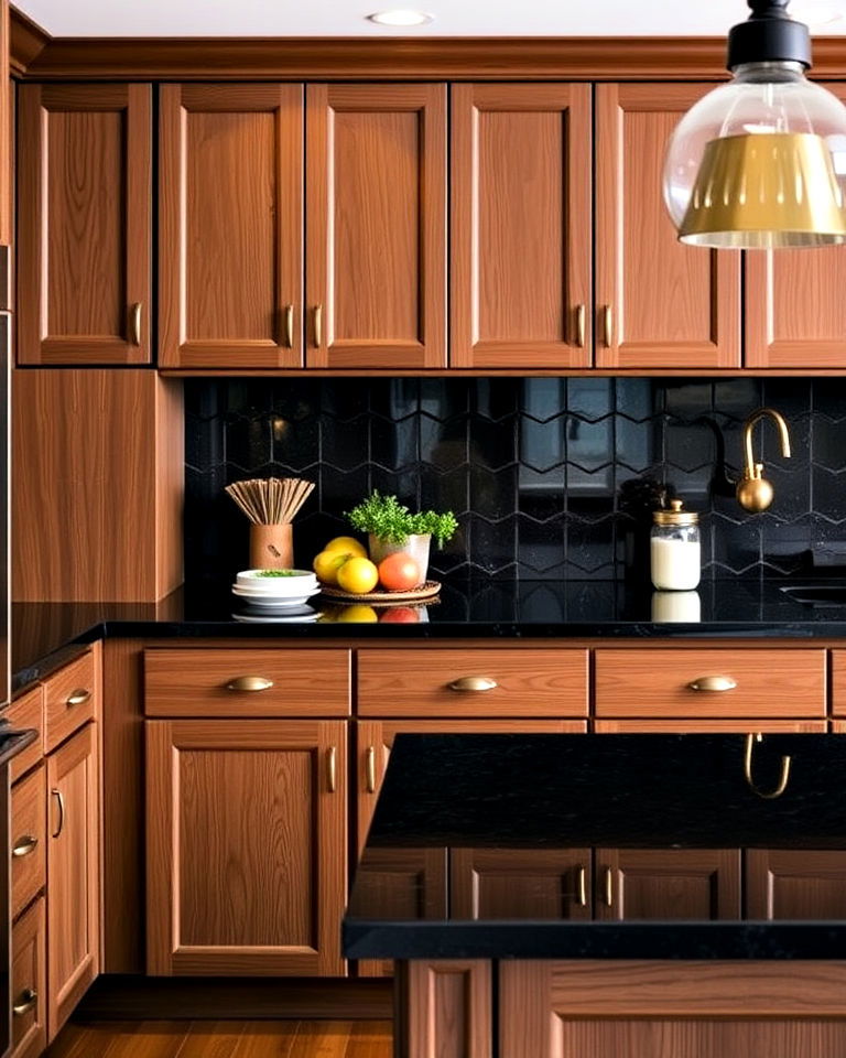 polished black granite countertops and dark oak cabinets - 25 Brown Kitchen Cabinets With Black Countertops