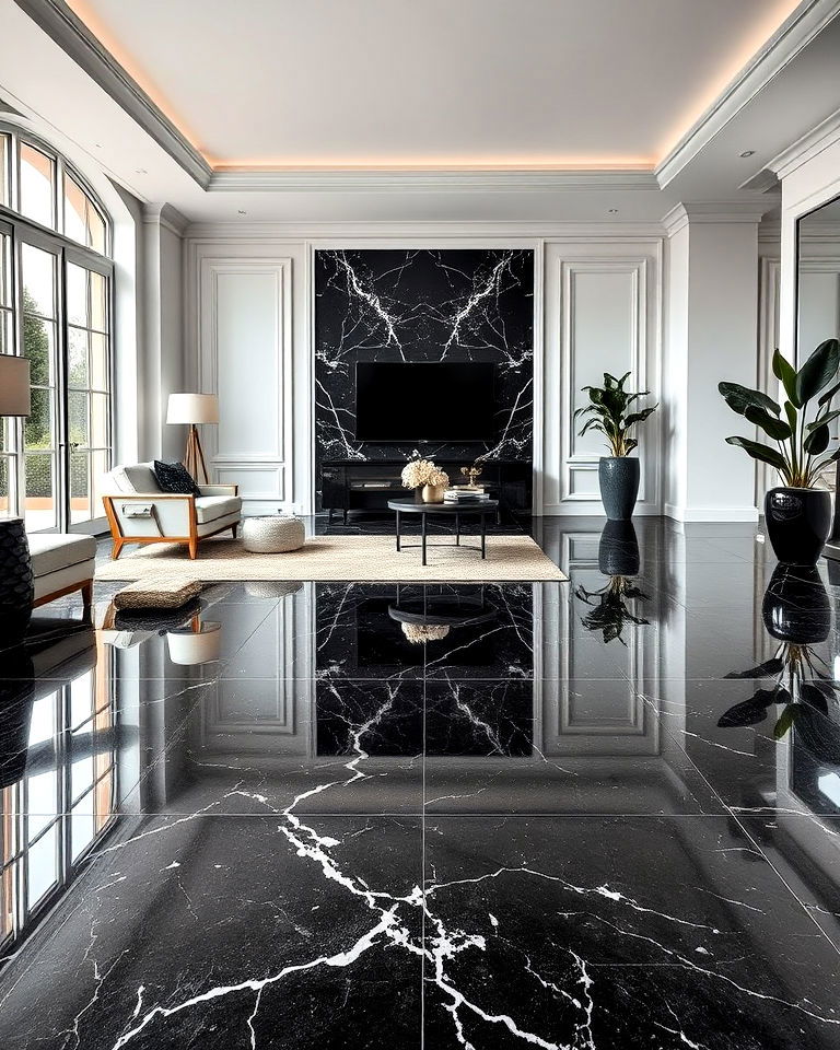 polished black marble floor for living room - 25 Black Floor Living Room Ideas