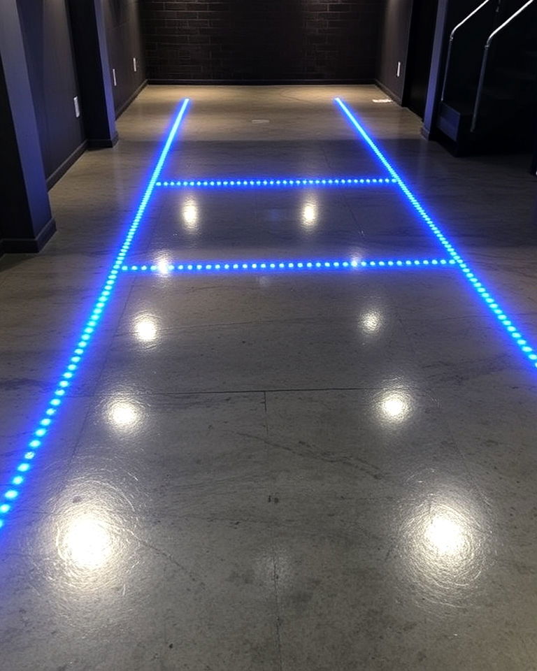 polished concrete flooring with embedded led lighting - 20 Concrete Basement Floor Ideas