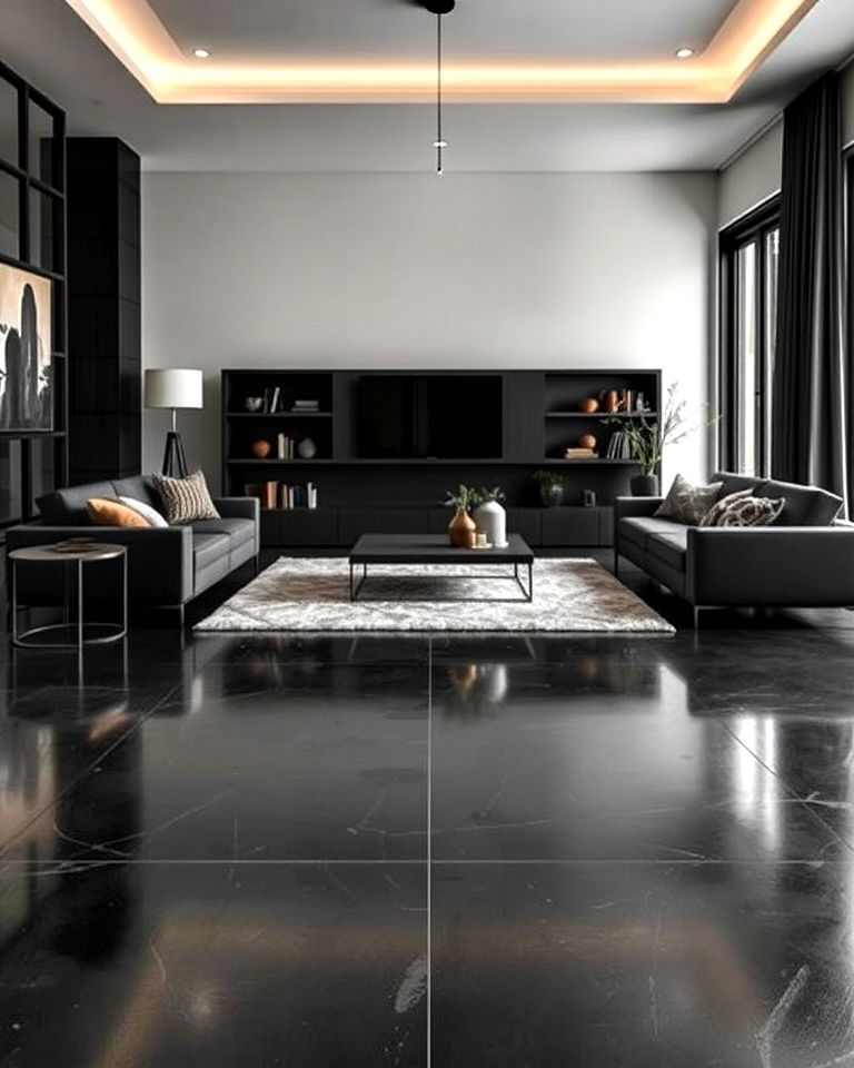 polished edge black concrete floor - 25 Black Floor Living Room Ideas