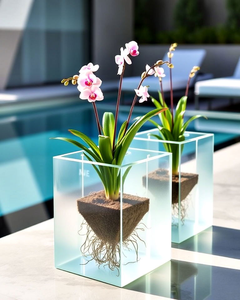 pool area with modern glass planters - 30 Pool Planter Ideas