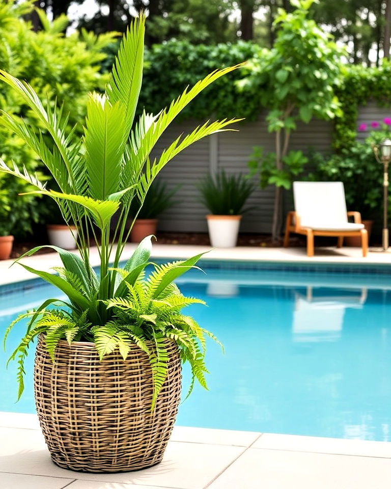 pool area with wicker planters - 30 Pool Planter Ideas