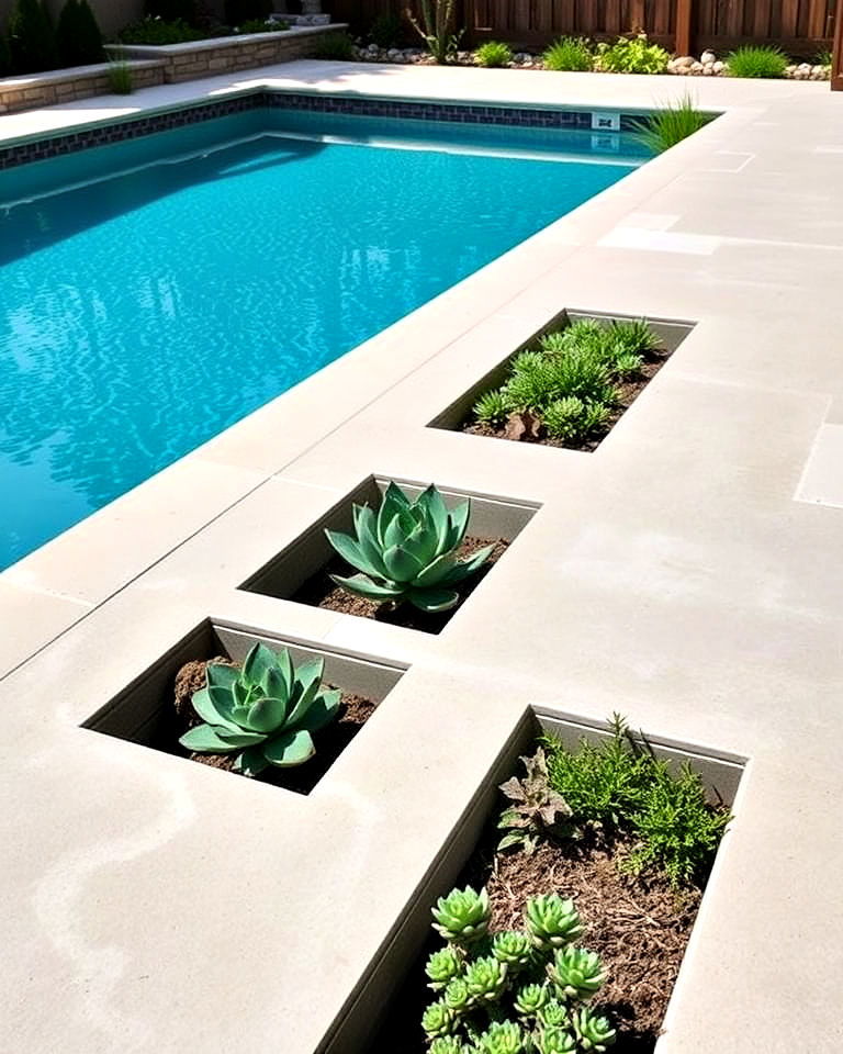 pool deck with recessed planters - 30 Pool Planter Ideas