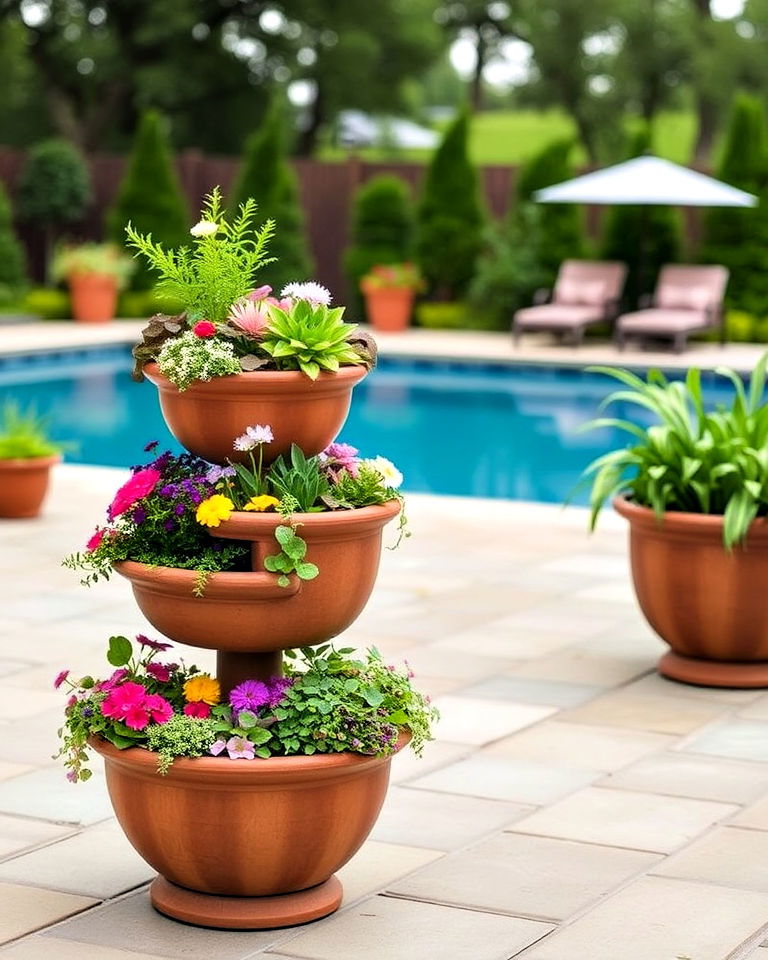 pool deck with tiered planters - 30 Pool Planter Ideas