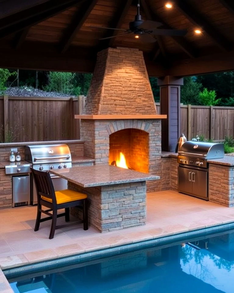 pool house kitchen with fireplace - 20 Pool House With Outdoor Kitchen Ideas
