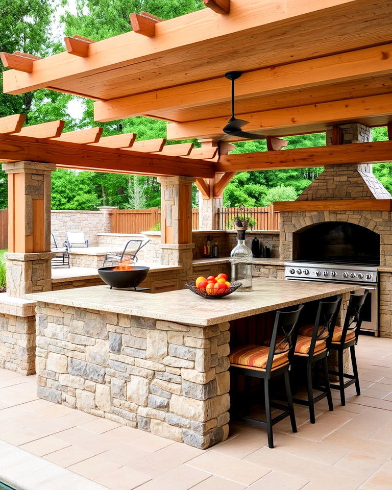 pool house kitchen with stone finishes - 20 Pool House With Outdoor Kitchen Ideas