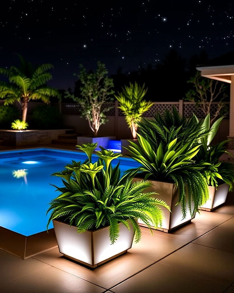 pool planters with built in led lighting - 30 Pool Planter Ideas