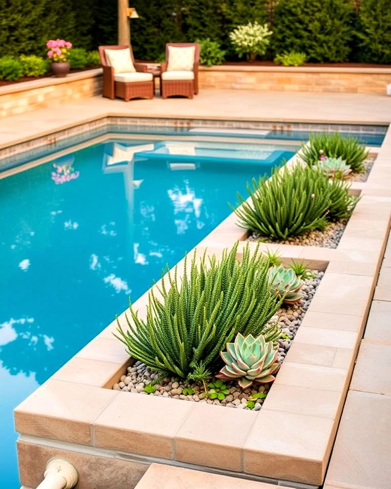 pool surroundings with sunken planters - 30 Pool Planter Ideas