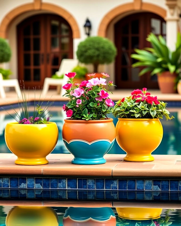 pool with colorful ceramic planters - 30 Pool Planter Ideas