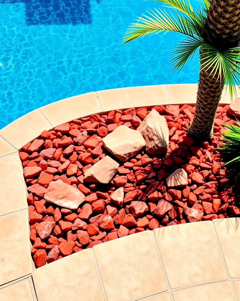 poolside decoration with red lava rocks - 20 Red Lava Rock Landscaping Ideas