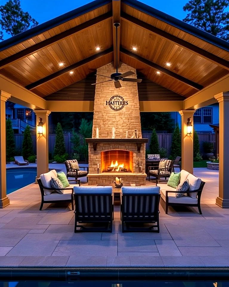 poolside pavilion with fireplace and lounge area - 15 Backyard Pavilions With Fireplaces