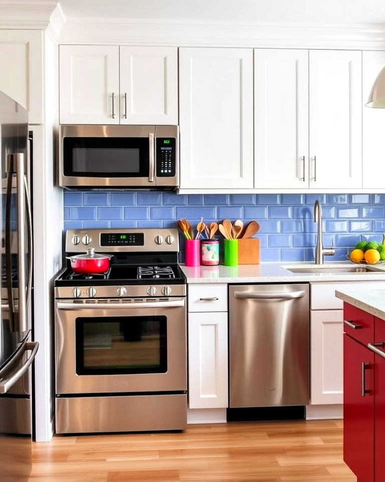 pop of color against stainless steel appliances - 25 Kitchen With Stainless Steel Appliances