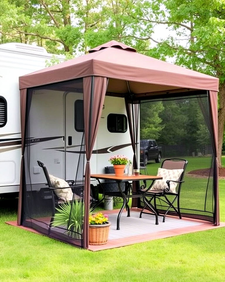 pop up gazebo for instant shade - 30 Rv Campsite Decorating Ideas