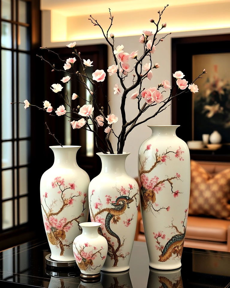 porcelain vases cherry blossom motifs - 25 Asian Living Room Ideas
