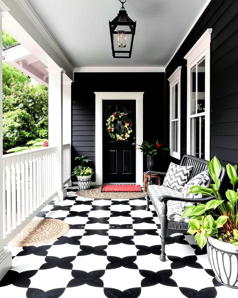 porch with black and white flooring - 15 Black Porch Ideas
